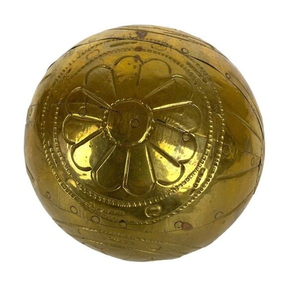 Brass Covered Decorative Ball Embossed Flowers Daisies Handmade Vase Bowl Filler - Picture 1 of 3